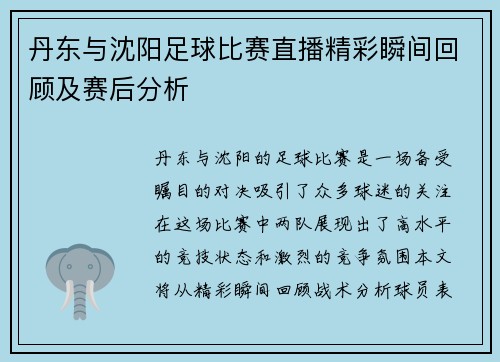 丹东与沈阳足球比赛直播精彩瞬间回顾及赛后分析
